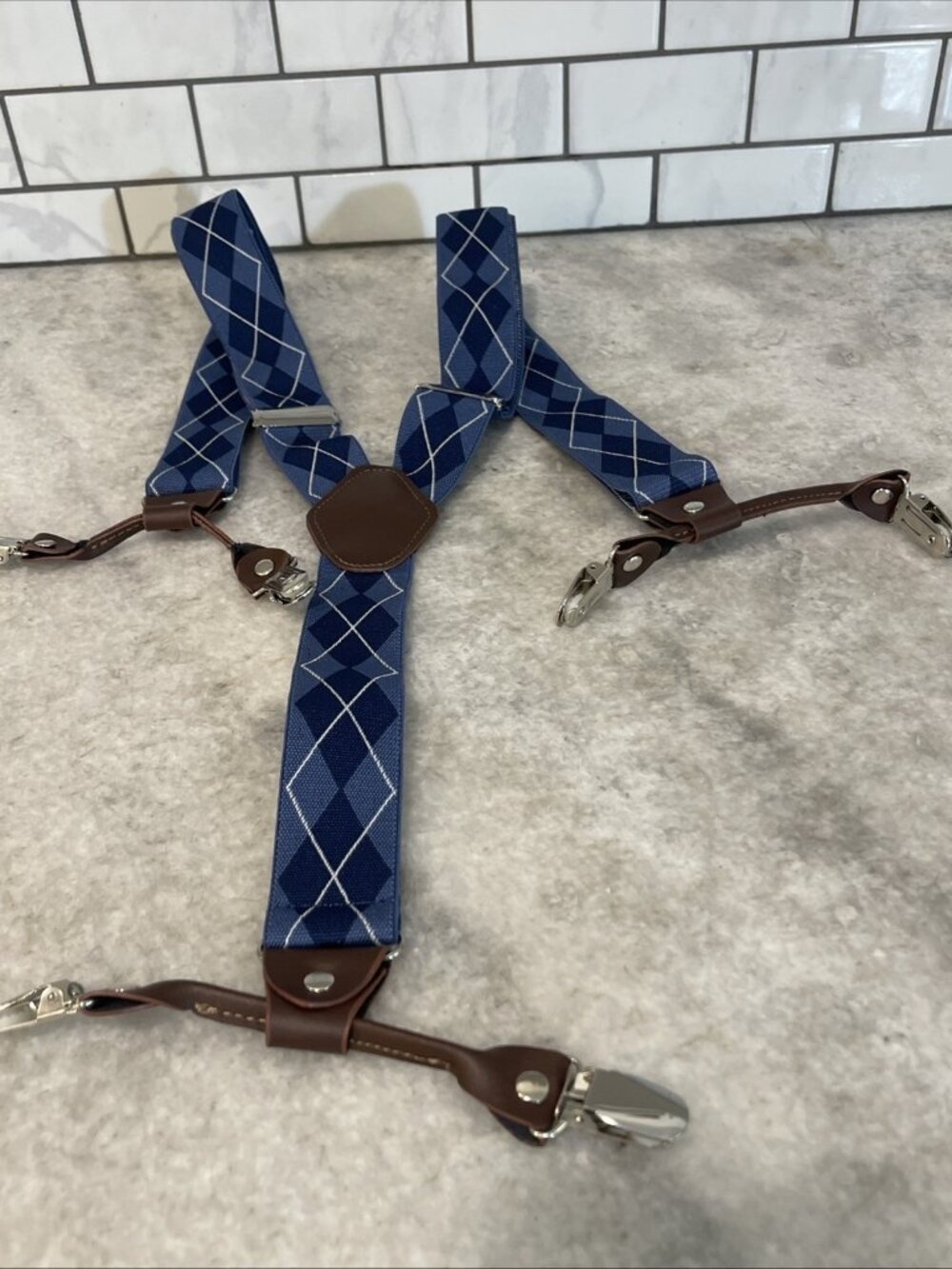 Grade Code Suspenders Mens Blue Argyle Adjustable Clip Braces Preppy Classic